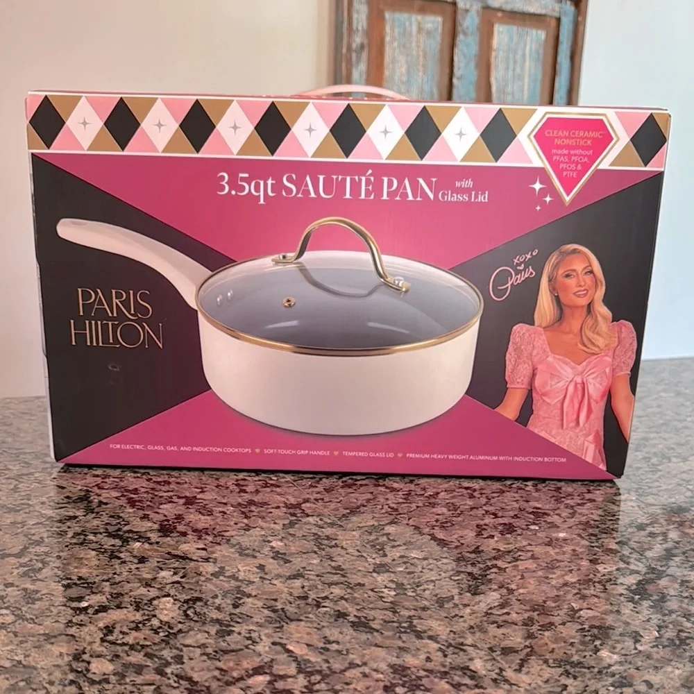 Paris Hilton White and Gold Sauté Pan with Glass Lid NEW